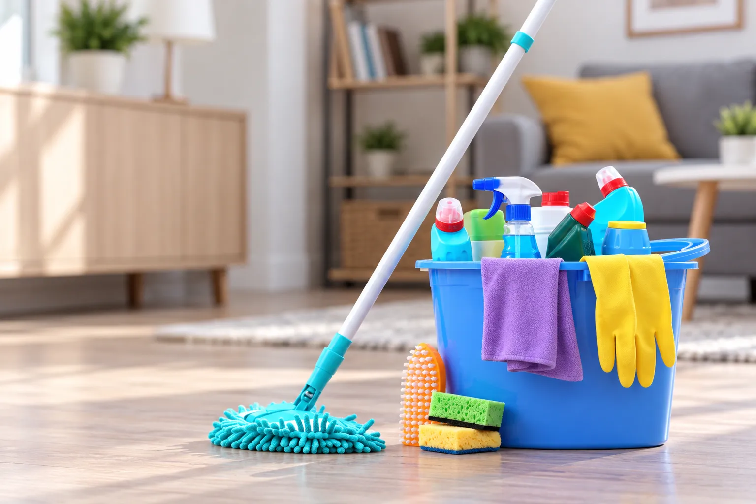 Cleaning supplies prepared in a bright modern living room