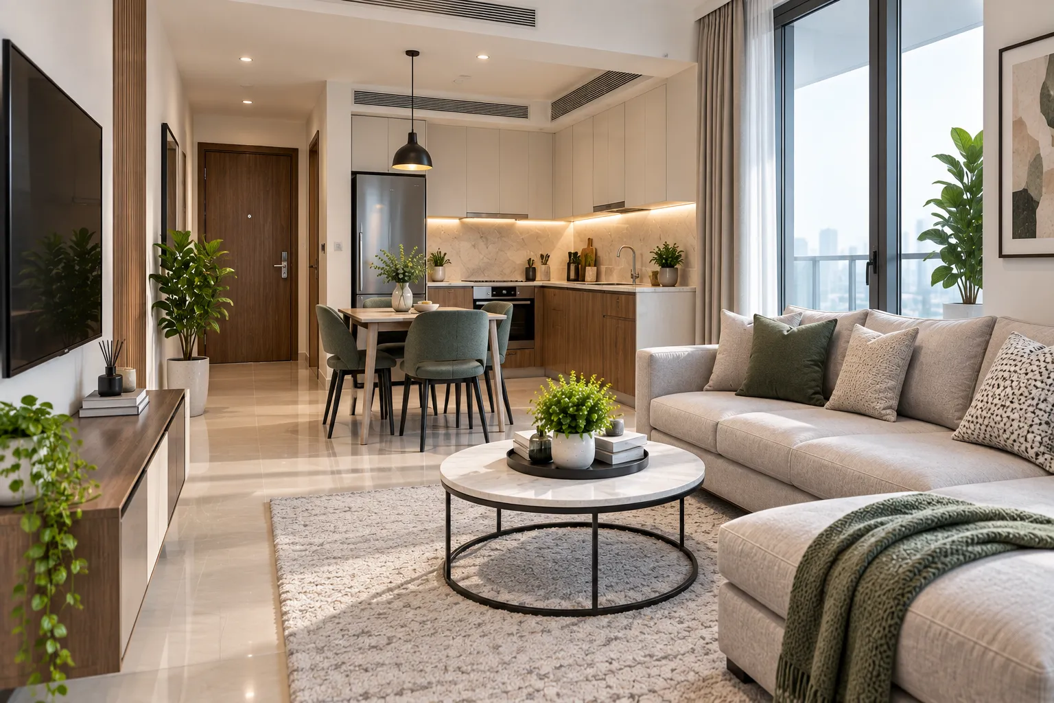 Bright modern living space prepared for house deep cleaning