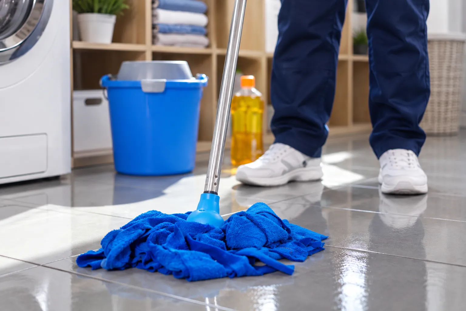 Freshly cleaned floor in an empty utility area