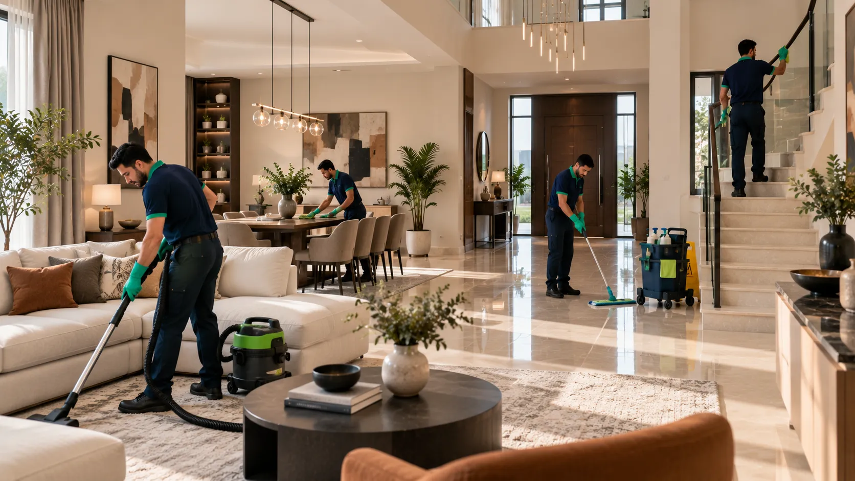 Professional cleaning team working throughout a luxury villa