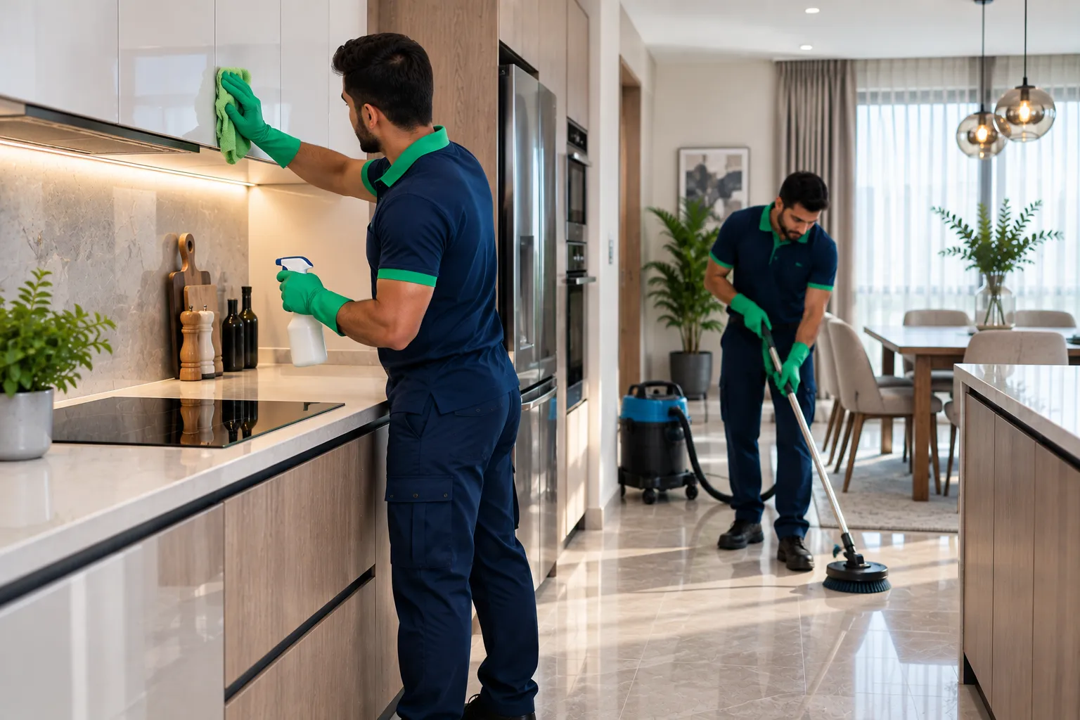 Professional team cleaning a modern home kitchen