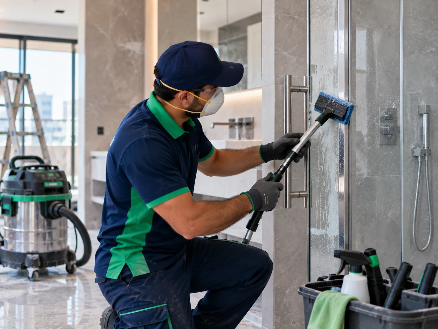 Professional cleaner removing post-construction residue from bathroom glass