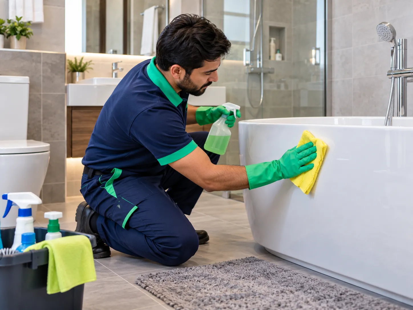 Professional cleaner detailing a bathtub after belongings are removed