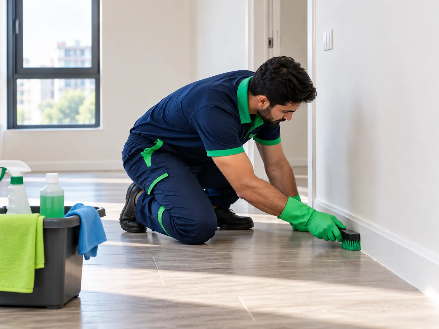 Professional cleaner detailing skirting boards during move-out cleaning