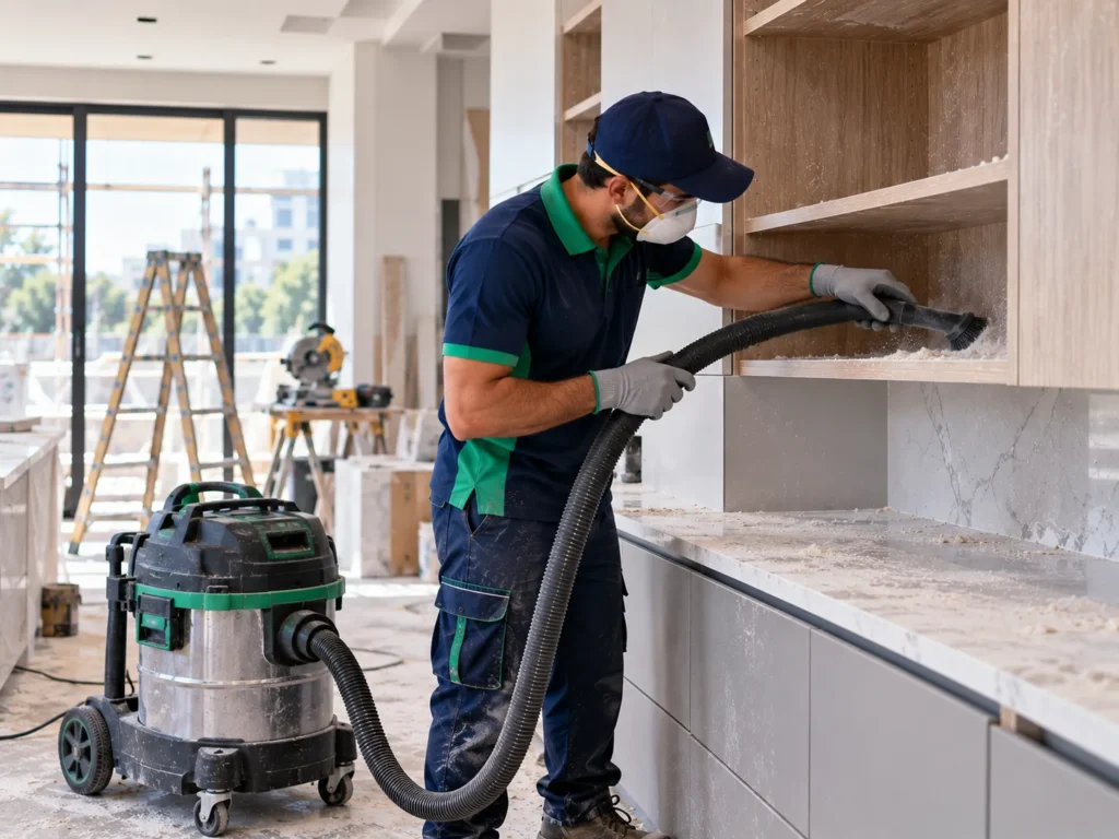 Professional cleaner vacuuming construction dust from fitted cabinetry