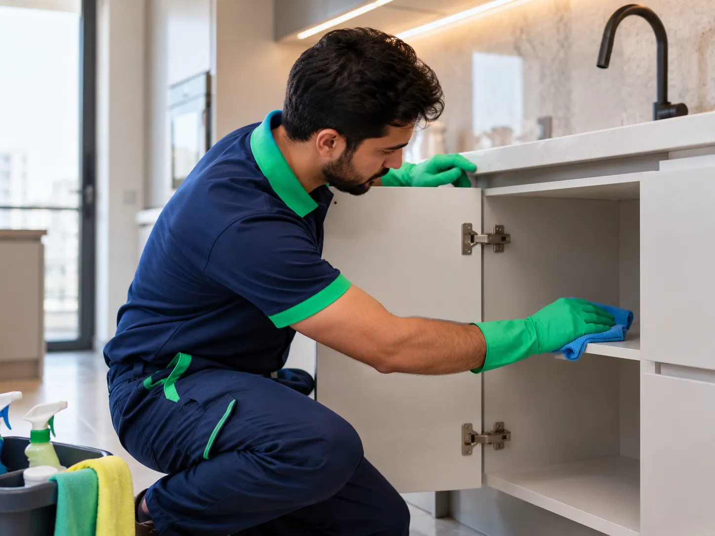 Professional cleaner wiping fixed kitchen cabinetry before move-in