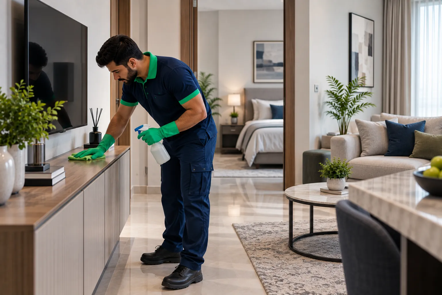 Professional cleaner carrying out detailed work in a modern apartment
