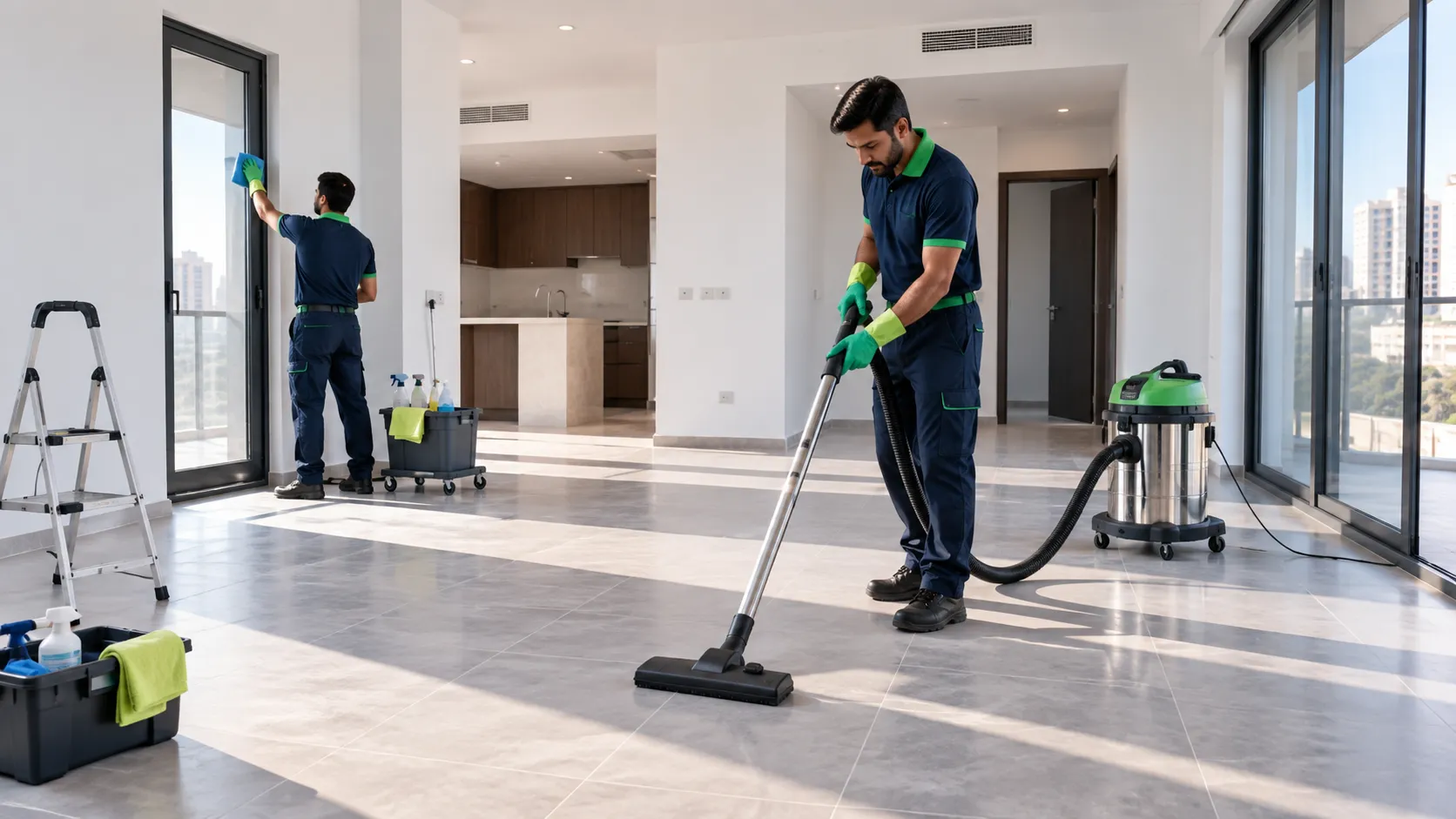 Professional cleaners working in a bright sunlit apartment
