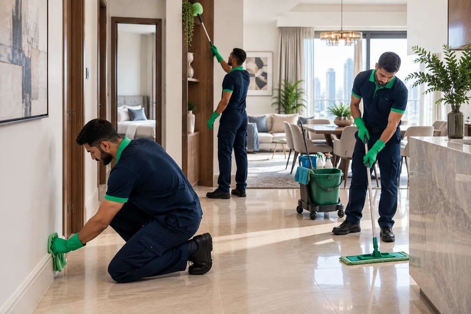 Professional cleaners working inside a modern home