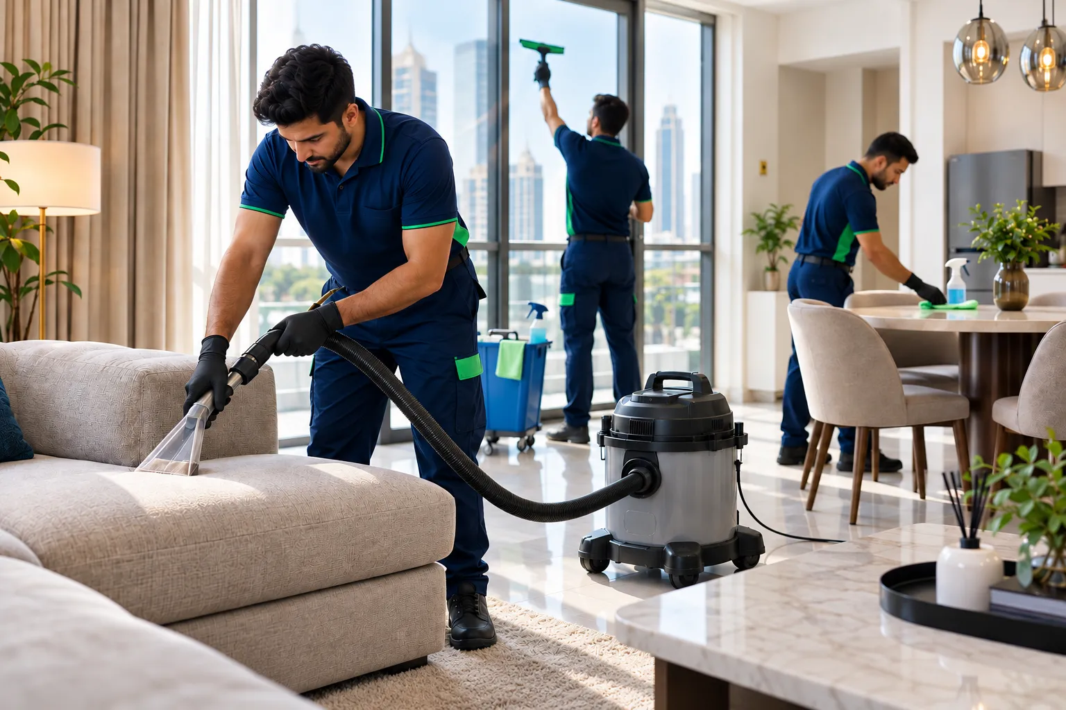 Professional cleaners preparing a sunlit apartment