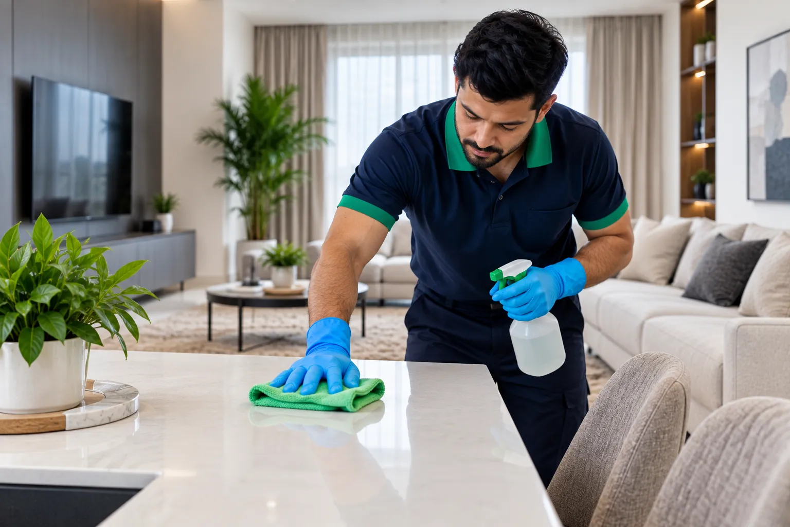 Professional cleaner working in a modern home interior