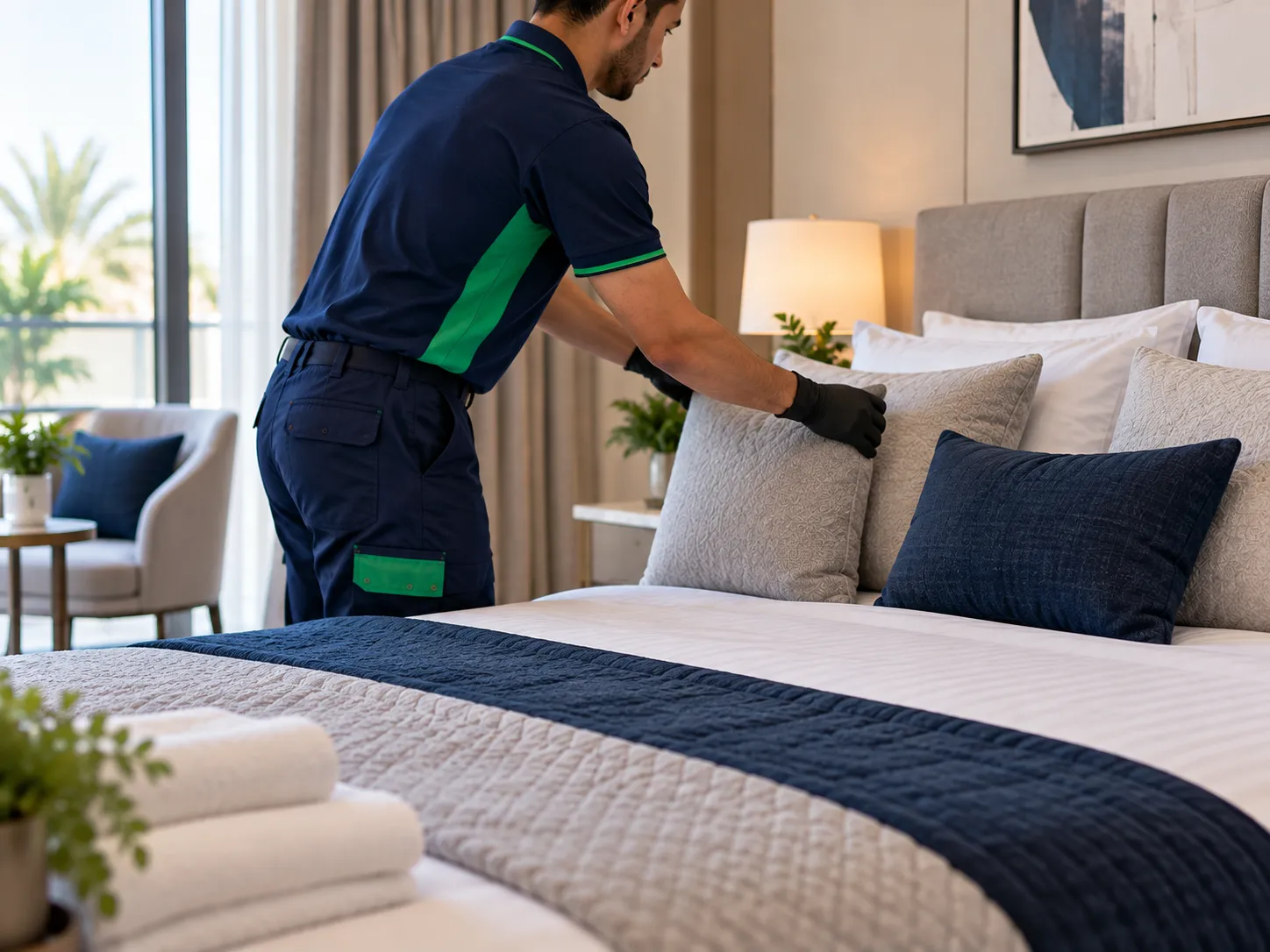 Professional cleaner preparing a bed in a modern bedroom