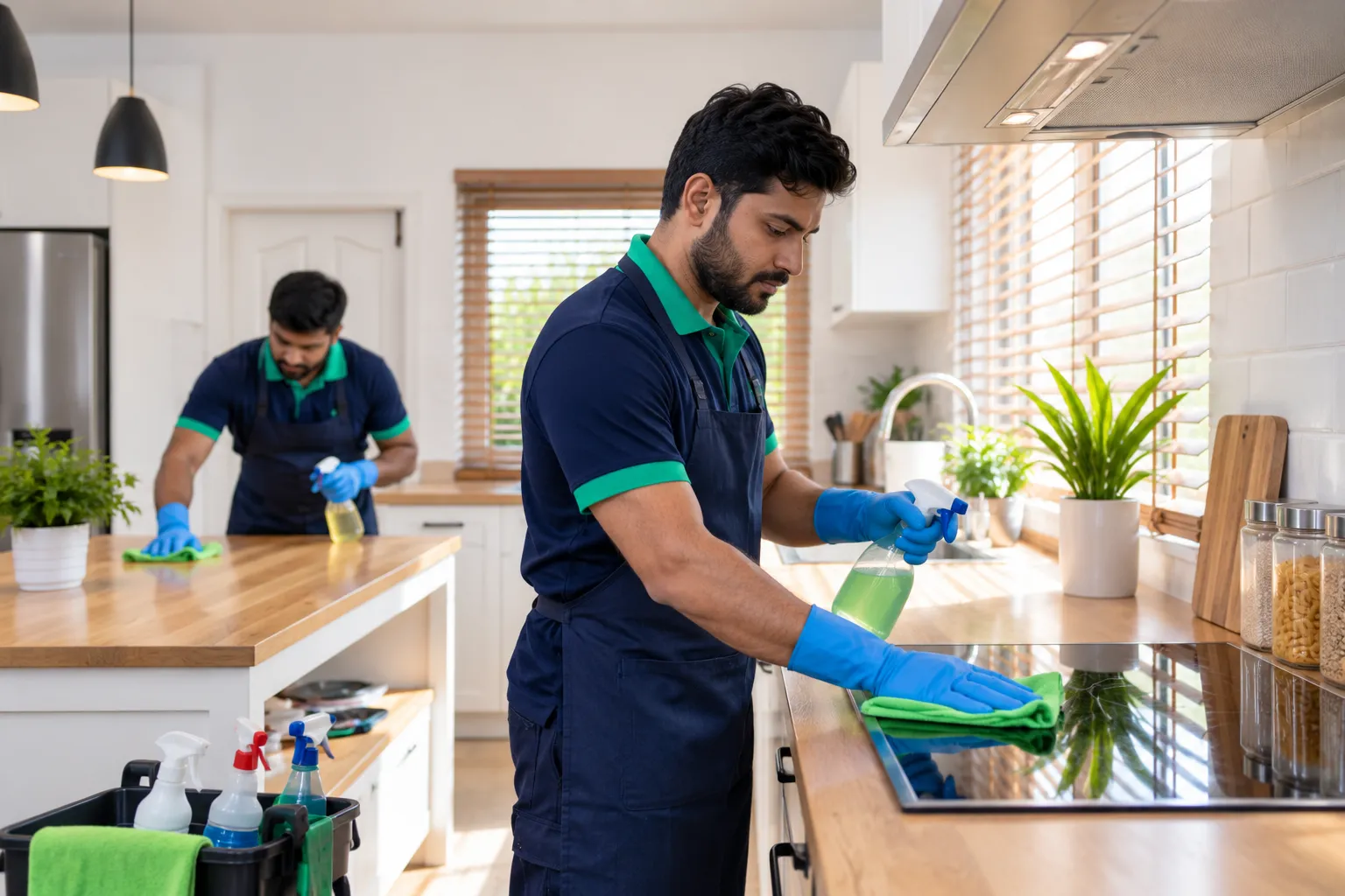Professional cleaner deep cleaning a modern kitchen