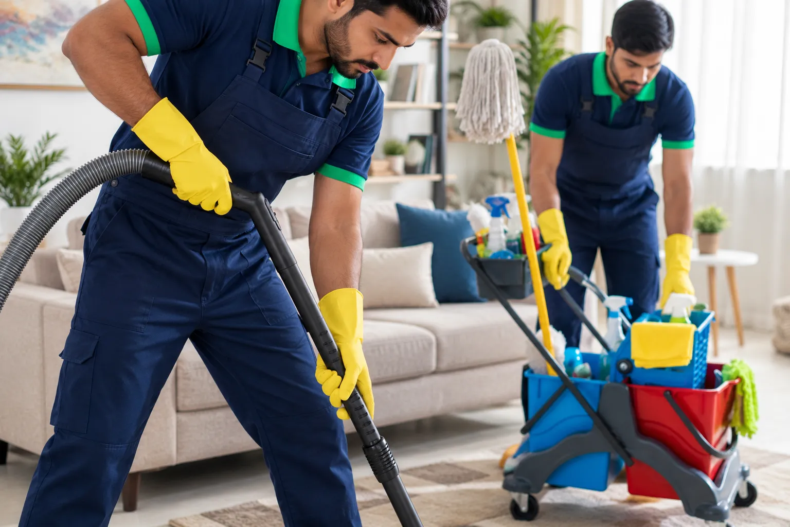 Professional cleaning team working in a modern living room