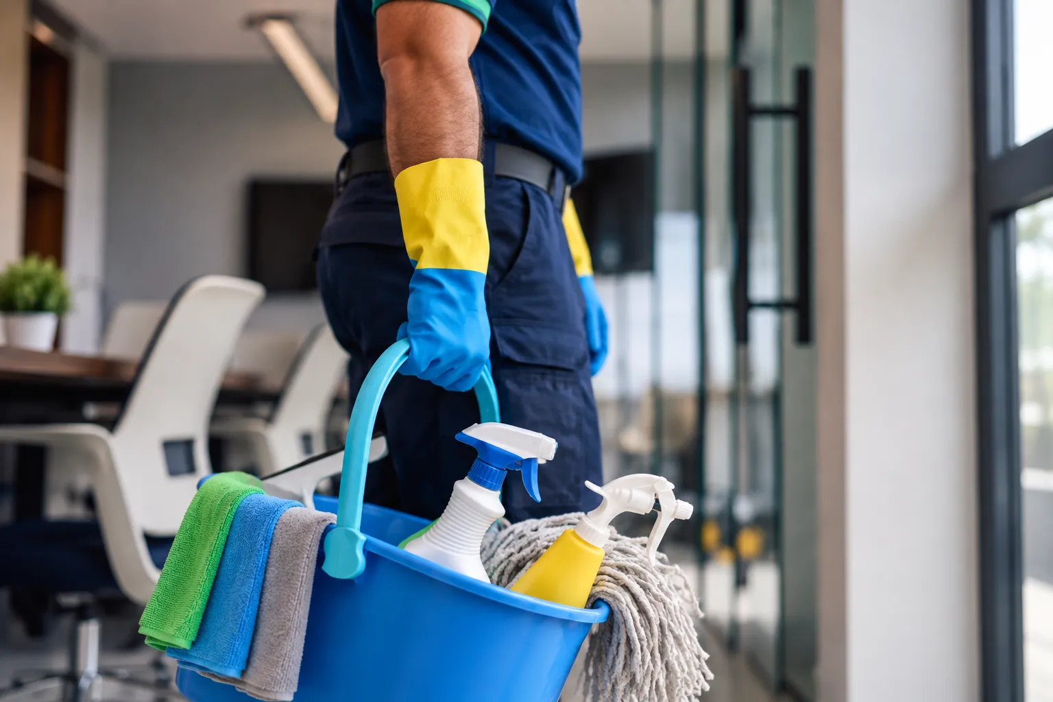 Professional cleaning equipment prepared inside an office