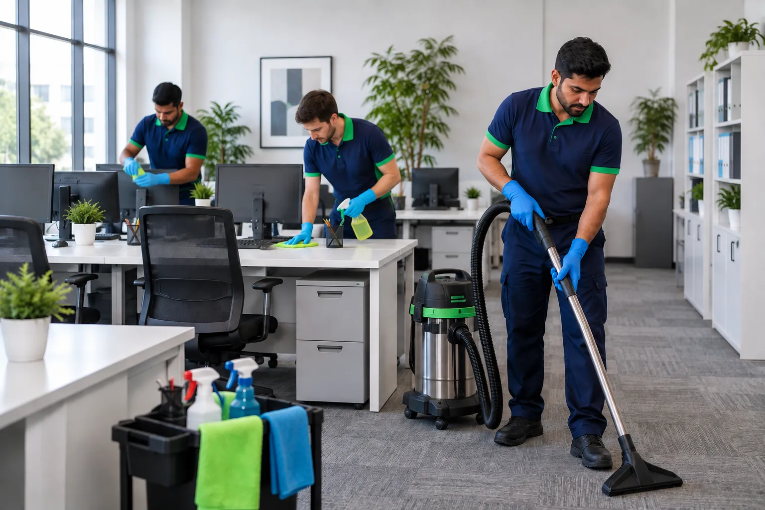 Professional cleaning crew working inside a modern office
