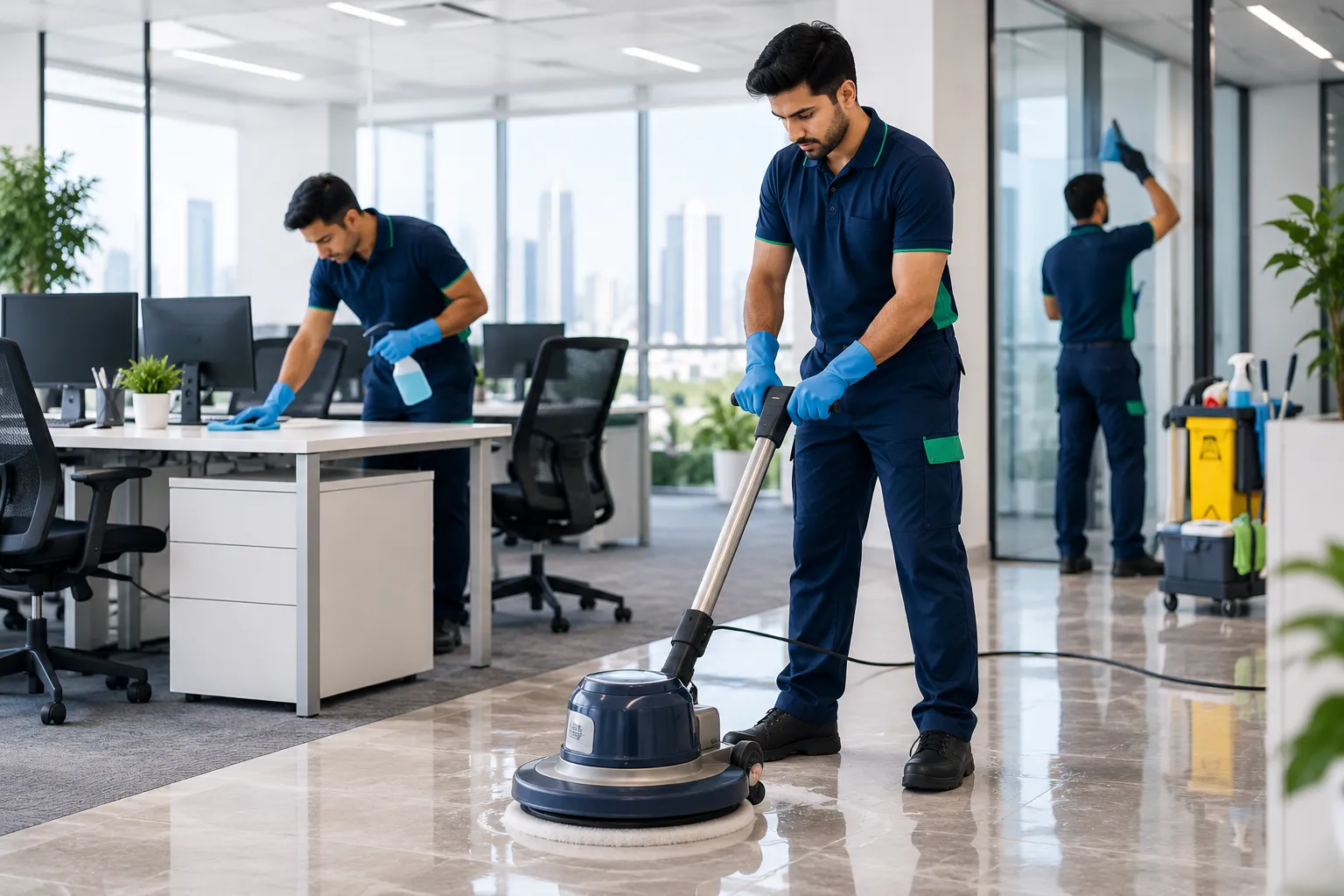 Professional cleaning team working in a modern office