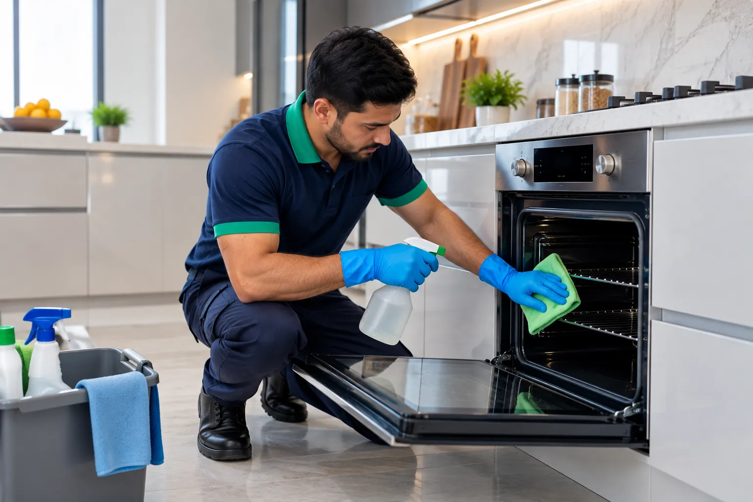 Professional cleaner detailing an oven in a modern kitchen