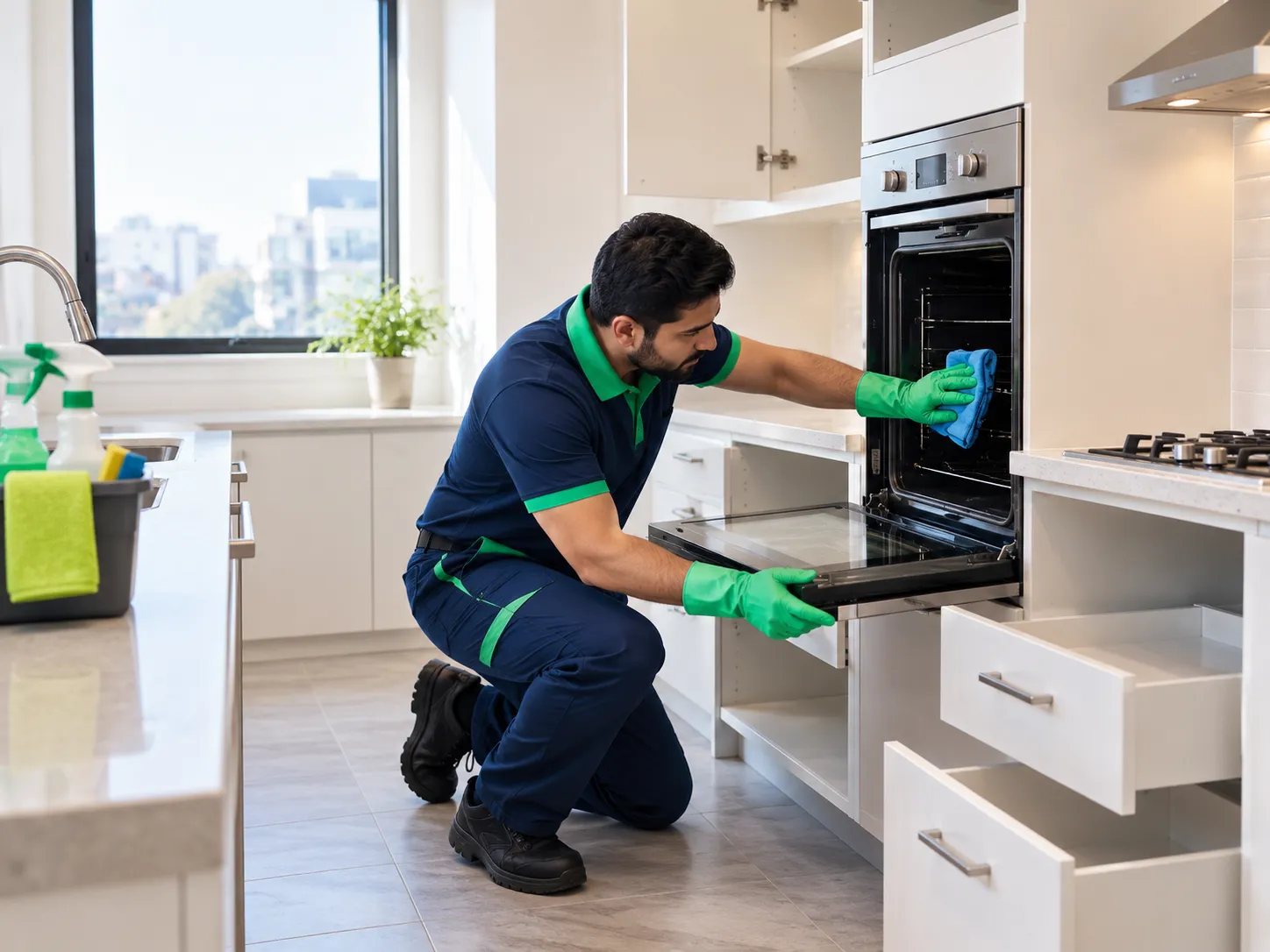 Professional cleaner detailing a fixed oven during move-out cleaning