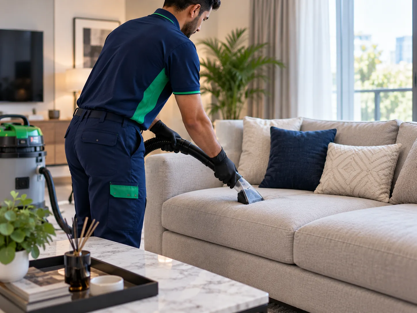 Professional sofa cleaning in a modern living room