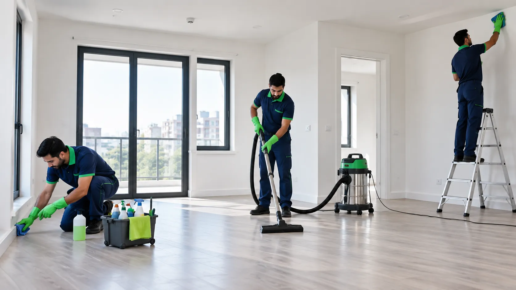 Professional cleaners deep cleaning a modern apartment