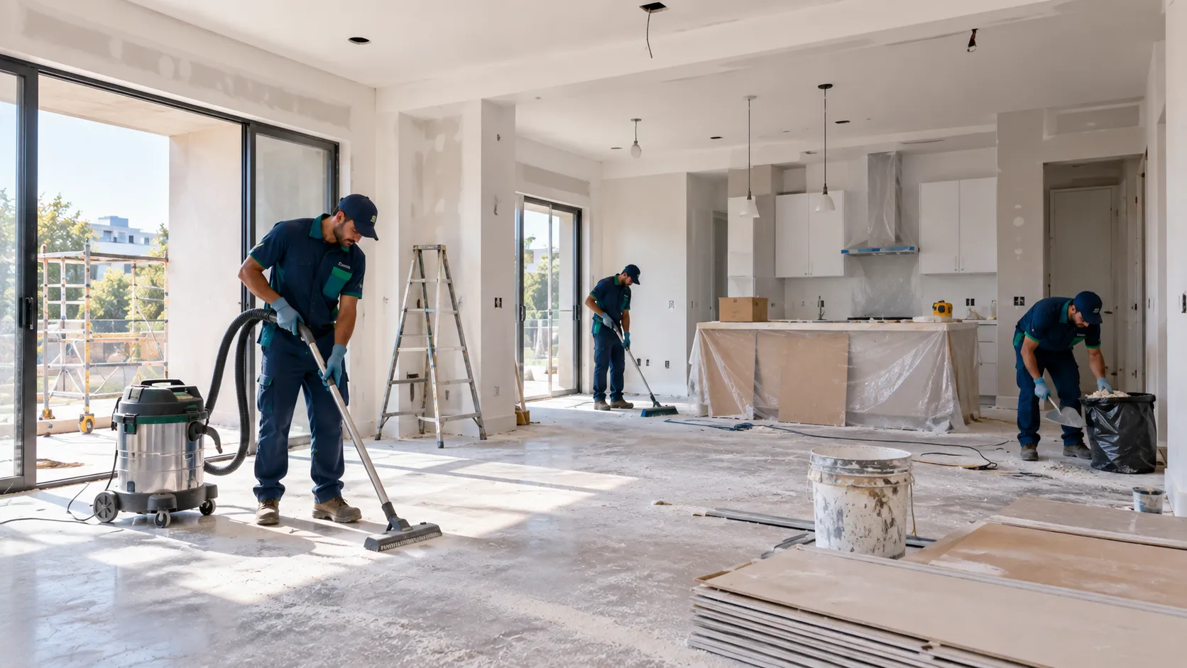 Renovation cleaning crew removing residue from a completed interior