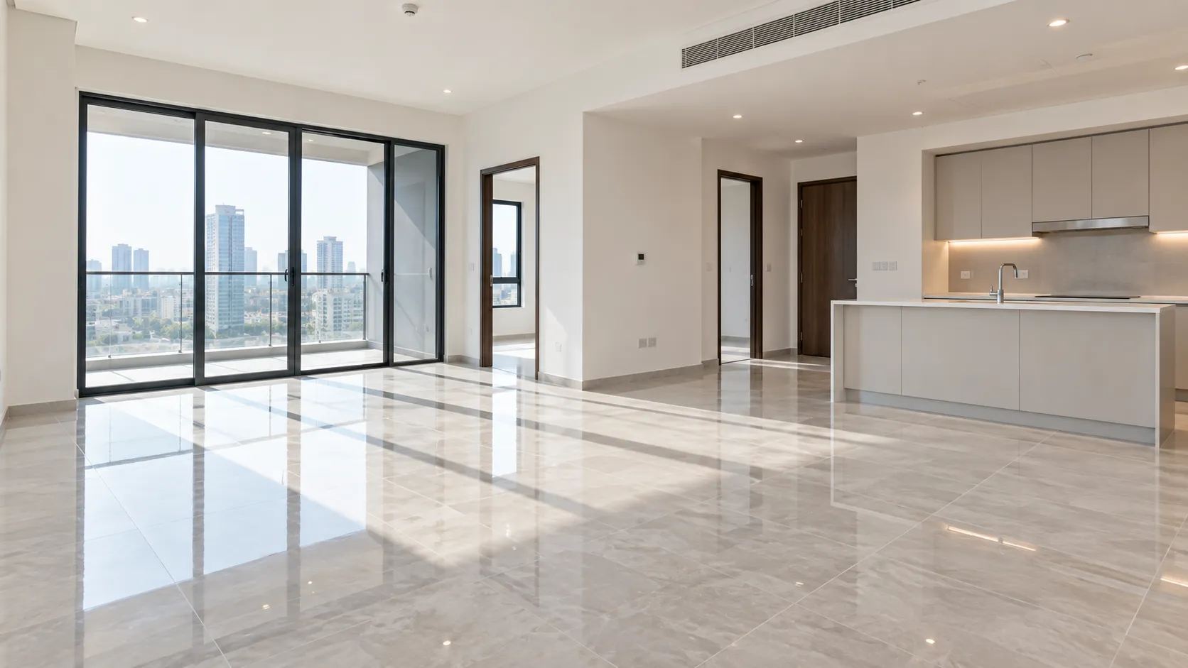 Sunlit modern apartment prepared for new occupants