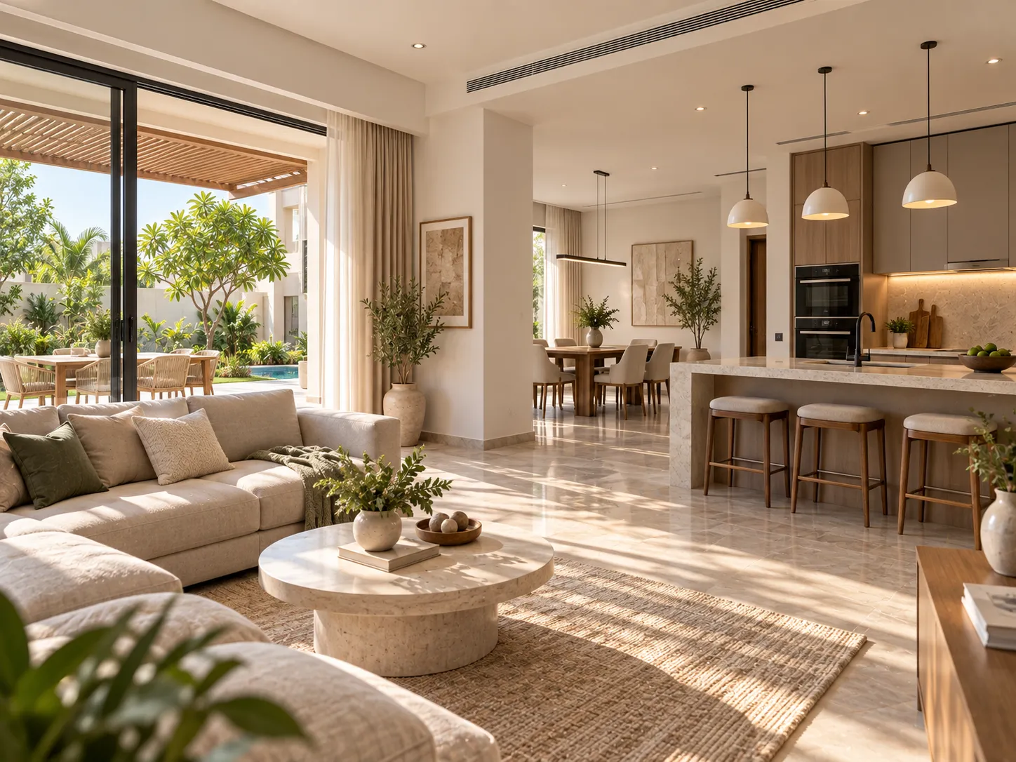 Clean Mediterranean-style open-plan villa interior